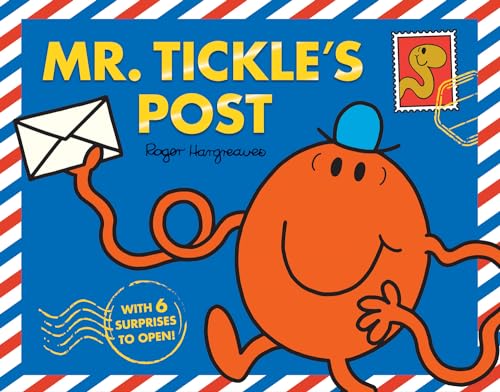 Mr. Tickle character with an envelope, red and blue striped background.