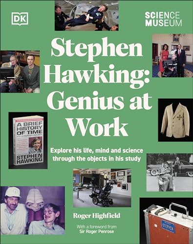 Book cover featuring Stephen Hawking, photos, and objects from his life.