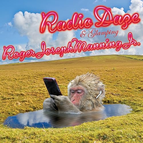 CD cover: monkey with earbuds in a pool, blue sky background.