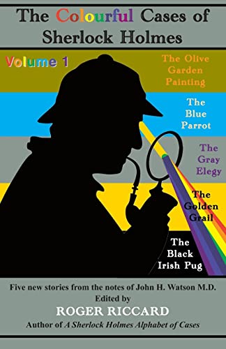 Book cover: Sherlock Holmes in silhouette with colorful story titles.