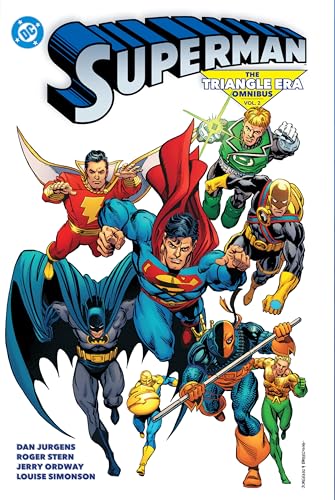 Comic book cover featuring Superman and several other superheroes flying forward.