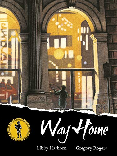 Book cover: a boy looks up at a brightly lit building entrance.