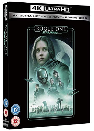 “Rogue One” 4K UHD Blu-ray cover featuring Jyn Erso and Star Wars characters.