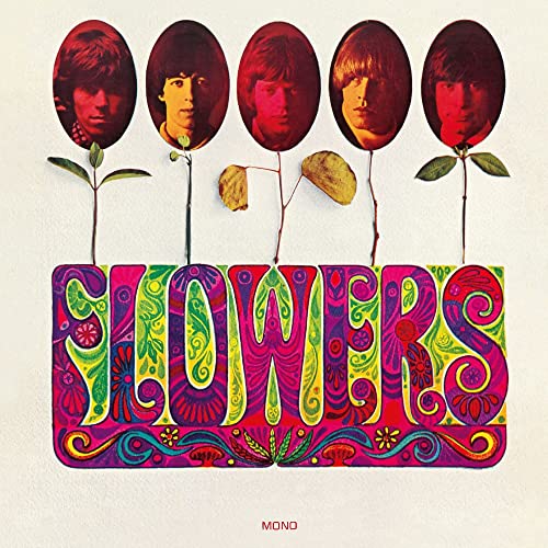 The Rolling Stones’ “Flowers” album cover with portraits and psychedelic floral design.