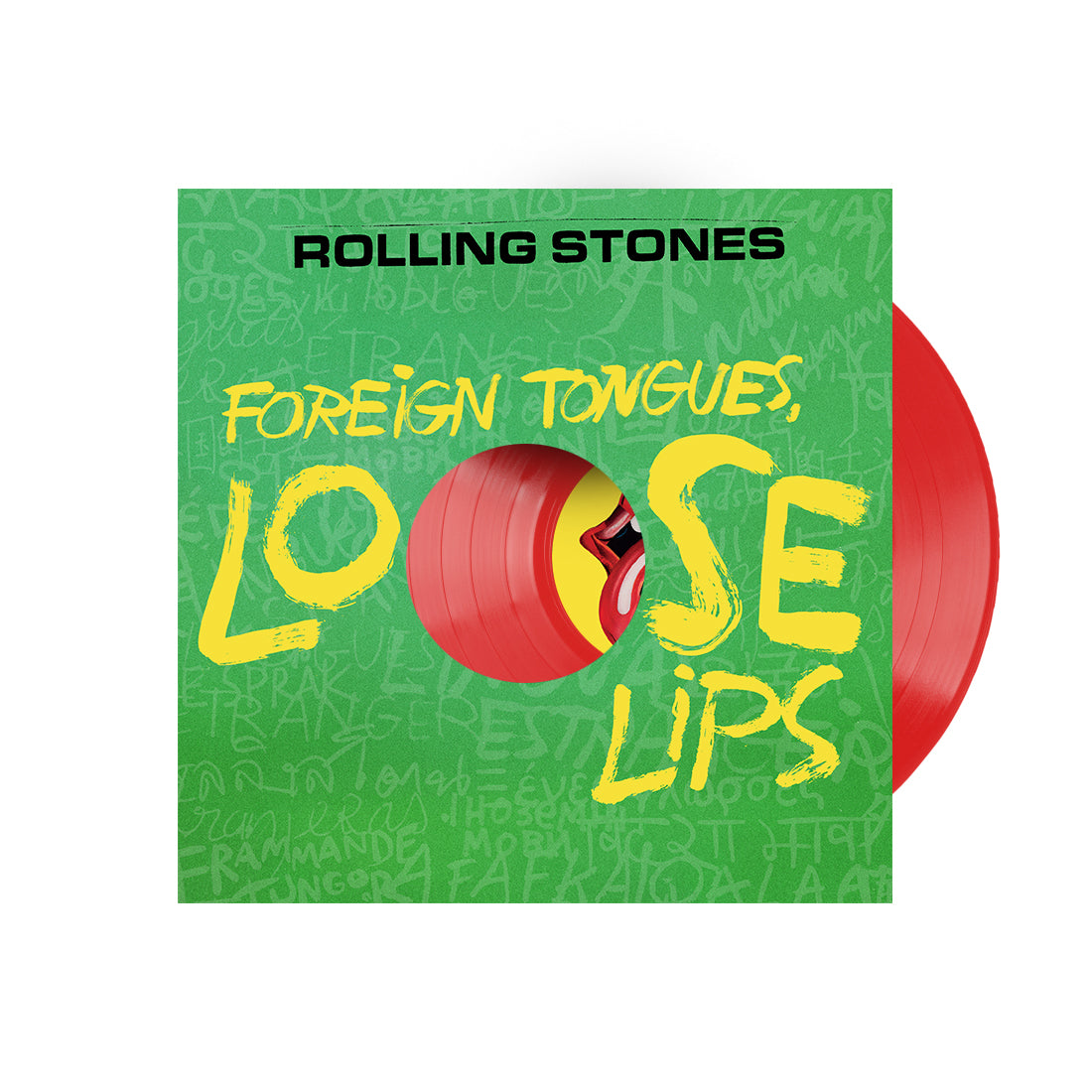 Rolling Stones "Foreign Tongues, Loose Lips" vinyl record with green background.
