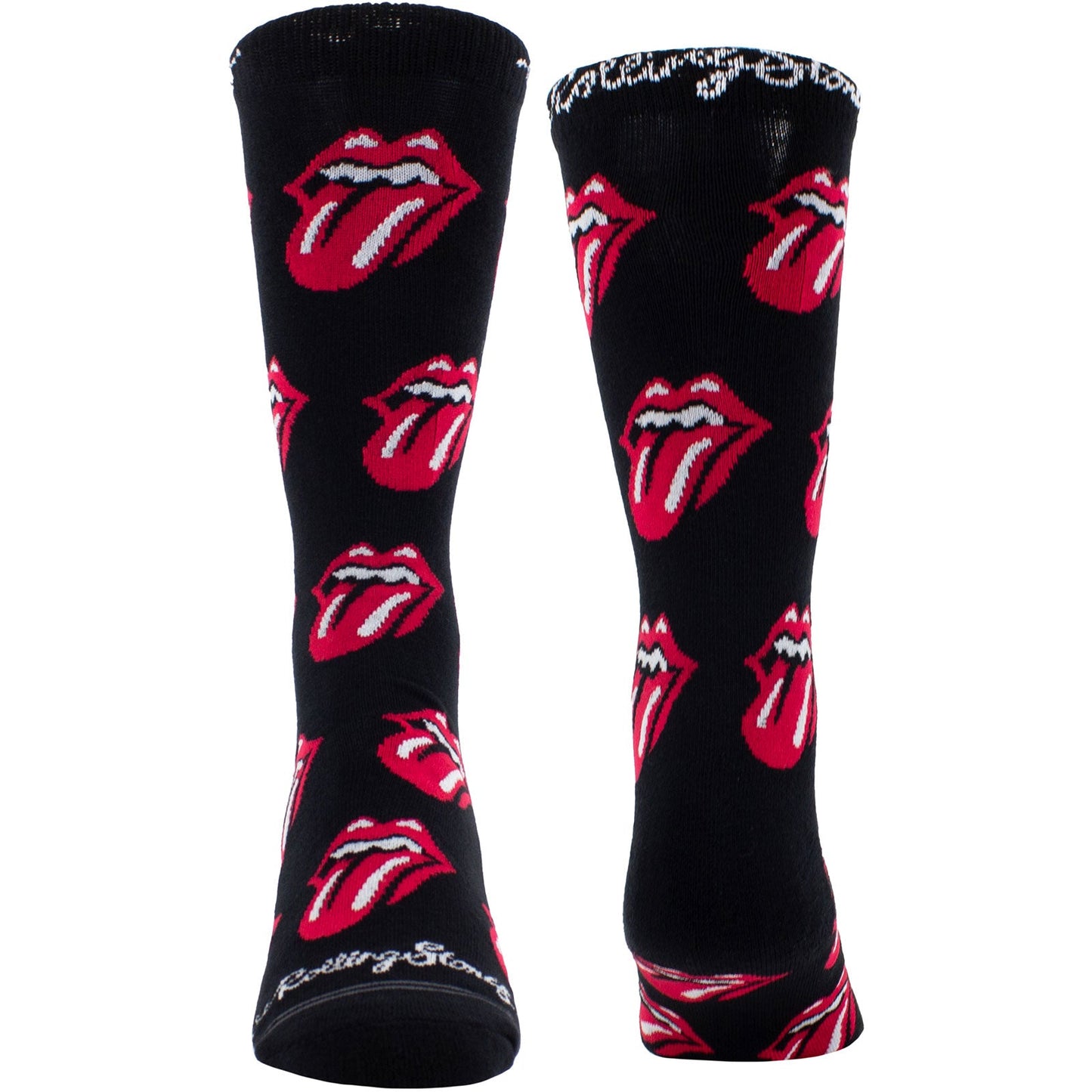 Black crew socks with repeating red and white Rolling Stones tongue logos.