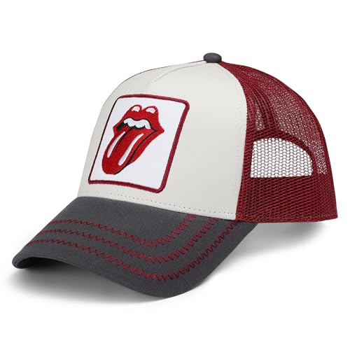Beige and red mesh trucker cap with Rolling Stones tongue logo.
