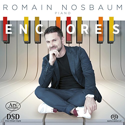 CD cover featuring pianist Romain Nosbaum with piano key graphics.