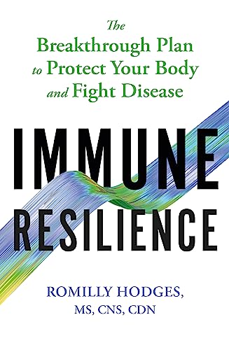 Book cover for "Immune Resilience" by Romilly Hodges, with blue and green waves.