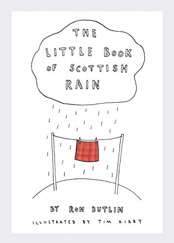 Book cover: cloud shape with rain, tartan clothing on a line.