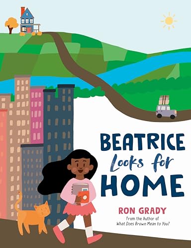 Book cover: girl with cat, city buildings, and winding road landscape.