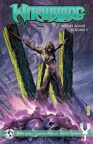 Comic book cover: woman with sword amidst skulls and swirling energy.