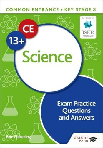 Book cover for 13+ Science exam practice, with atom and flask graphics.