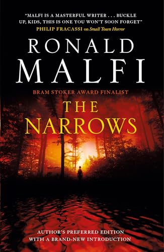 Book cover for "The Narrows" depicting a figure in a dark, fiery forest.