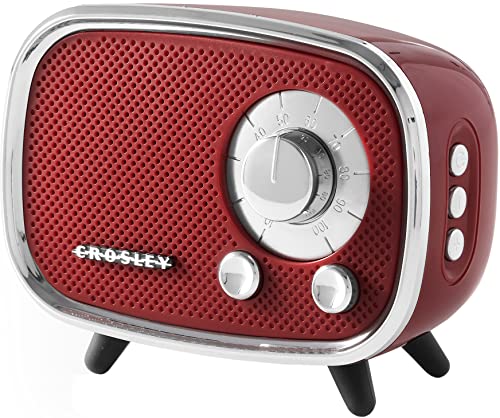 Red vintage-style radio with silver trim and dials on a white background.