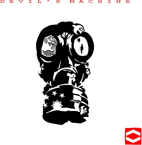 Black and white graphic of a gas mask containing silhouettes of trees and figures.