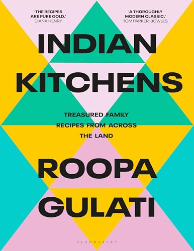 Book cover for "Indian Kitchens" by Roopa Gulati, with geometric shapes.