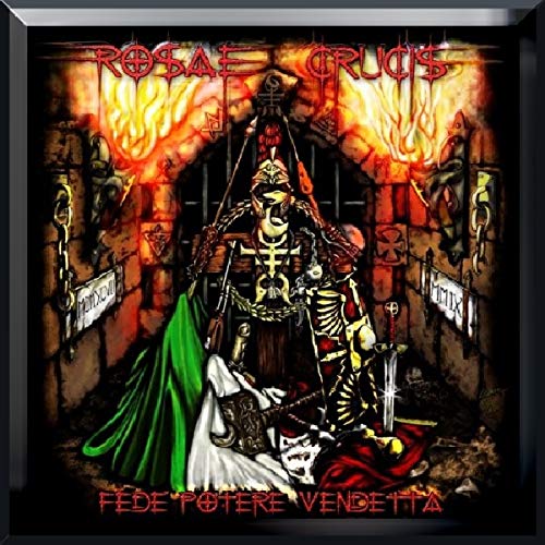 CD cover featuring a skeleton in armor with a guitar and sword amidst flames.