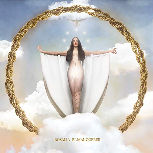 Rosalía album cover: woman in white dress framed by golden chains.