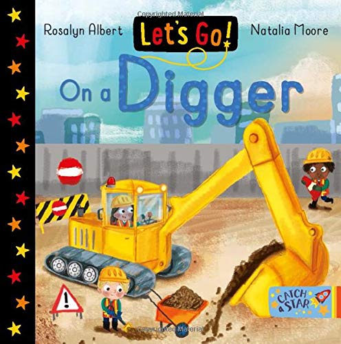 Children's book cover featuring a yellow digger, construction workers, and a construction site background.