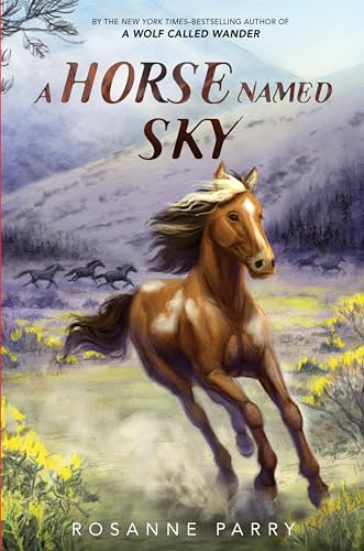 Book cover: A brown horse running in a mountainous, floral landscape.