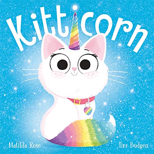 White cat with a rainbow unicorn horn and tail, book cover.