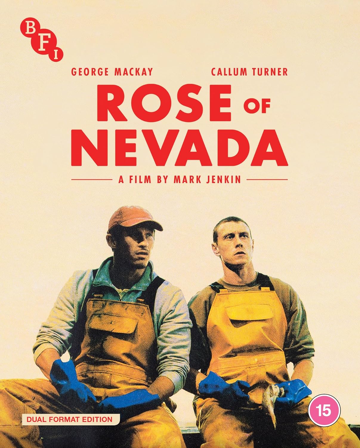 “Rose of Nevada” Blu-ray cover featuring two men in workwear, pale yellow background.