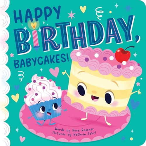 Book cover with cartoon cupcake and layered cake characters, birthday theme.