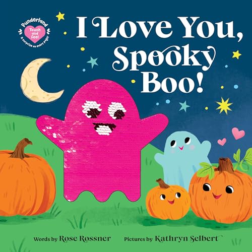 Children’s book cover with a sparkly pink ghost, pumpkins, and a crescent moon.