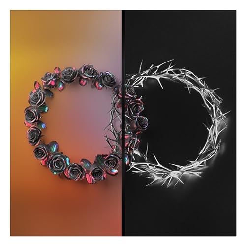Split image: roses on orange, thorns on black, forming circles.