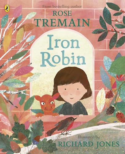 A child and a small dragon look out from a window, with a robin nearby.
