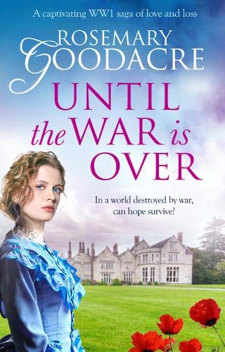 Book cover: woman in blue, manor house, and red poppies.