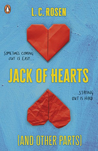 Book cover with two red origami hearts on a blue textured background.