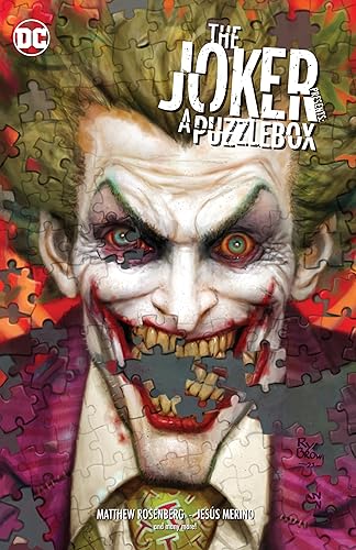 Close-up of The Joker’s menacing face surrounded by jigsaw puzzle pieces.