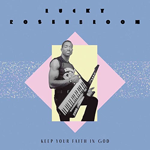 Record cover featuring musician Lucky Rosenbloom with a keyboard, geometric shapes.