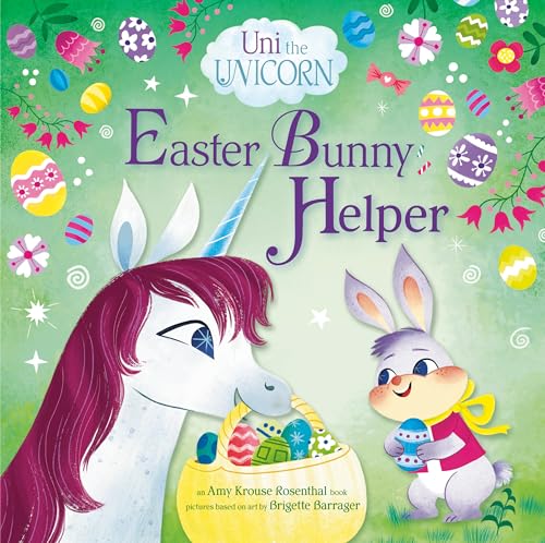 Unicorn and bunny with a basket of colorful Easter eggs.