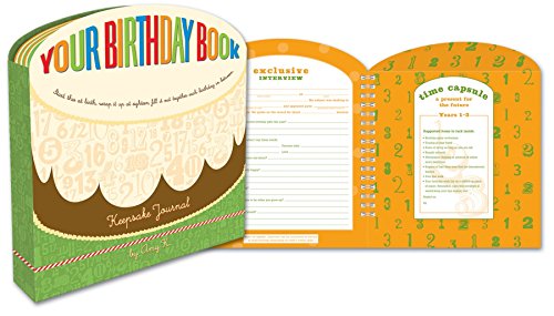 Spiral-bound "Your Birthday Book" journal, open to interview and time capsule pages.