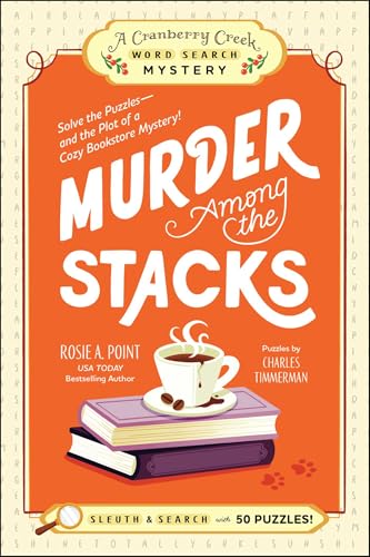 Book cover: "Murder Among the Stacks" with coffee cup and books.