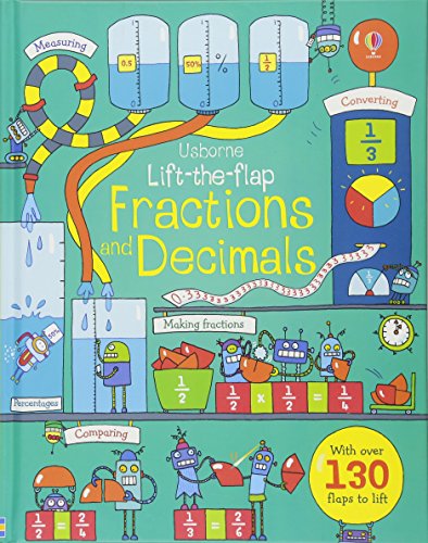 Book cover with colorful robots and fractions, lift-the-flap educational.