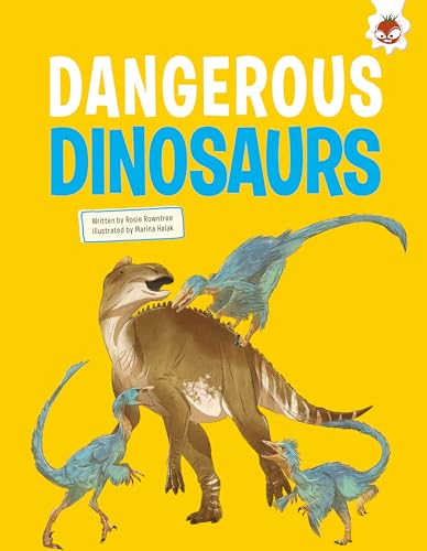 Book cover: large dinosaur with smaller raptors, yellow background.