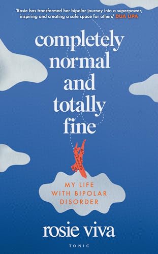 Book cover: blue background, red airplane, white clouds, title “Completely Normal and Totally Fine.”