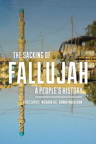 Book cover depicting a damaged city and minaret, titled “The Sacking of Fallujah.”