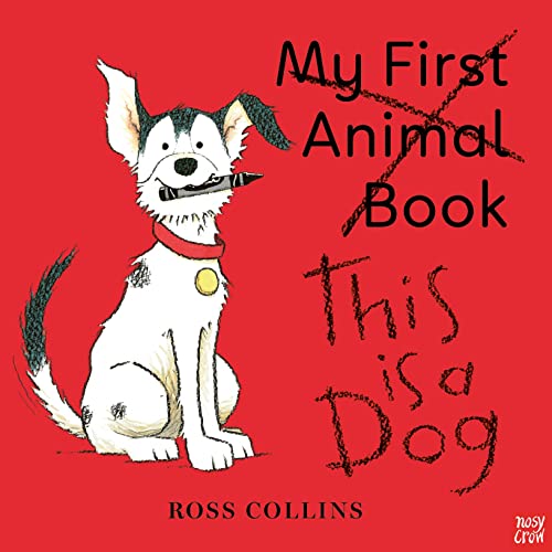 A white dog with a red collar holds a black crayon on a red background.