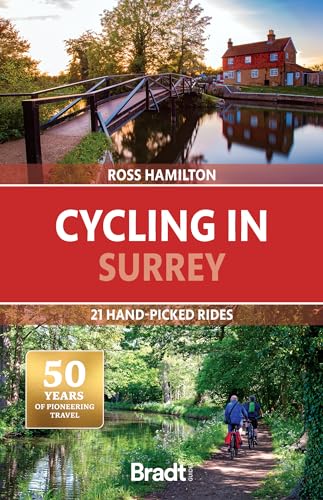 Book cover with a bridge, cyclists, and text “Cycling in Surrey”.