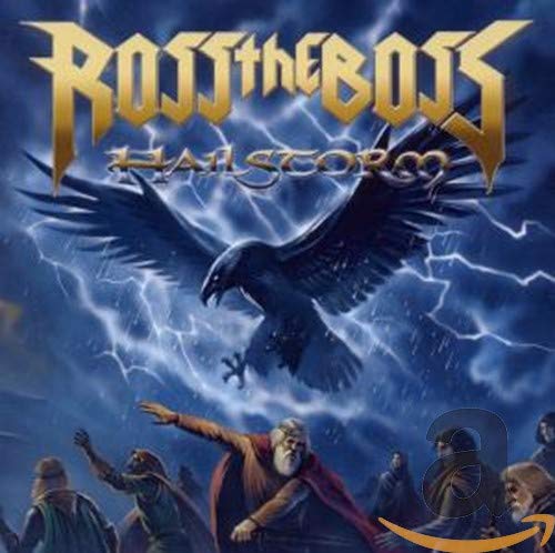 Album cover for "Ross The Boss - Hailstorm" featuring a bird and figures.