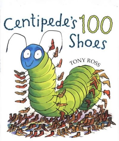 A green centipede with a blue head wears many shoes in this book cover.