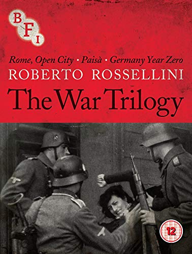 Blu-ray cover for Roberto Rossellini's The War Trilogy featuring soldiers and a distressed woman.