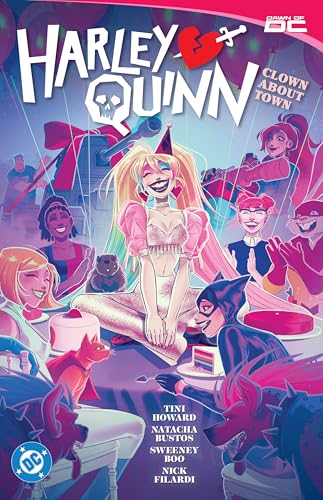 Harley Quinn comic cover featuring a smiling Harley surrounded by colorful characters.