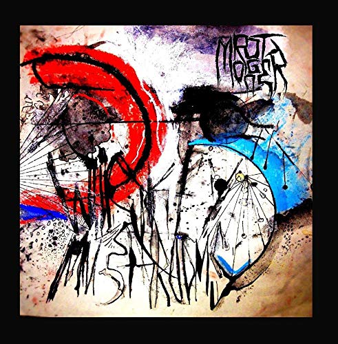 Abstract black and white artwork with red and blue accents, vinyl record cover.