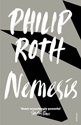Book cover of Nemesis by Philip Roth with white brushstroke text on grey background.